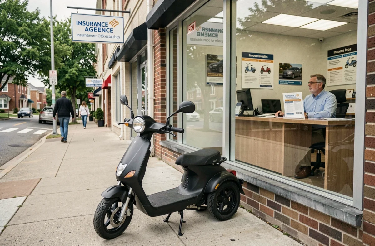 Scooter 3 roues devant une agence d'assurance avec agent comparant les formules d'assurance