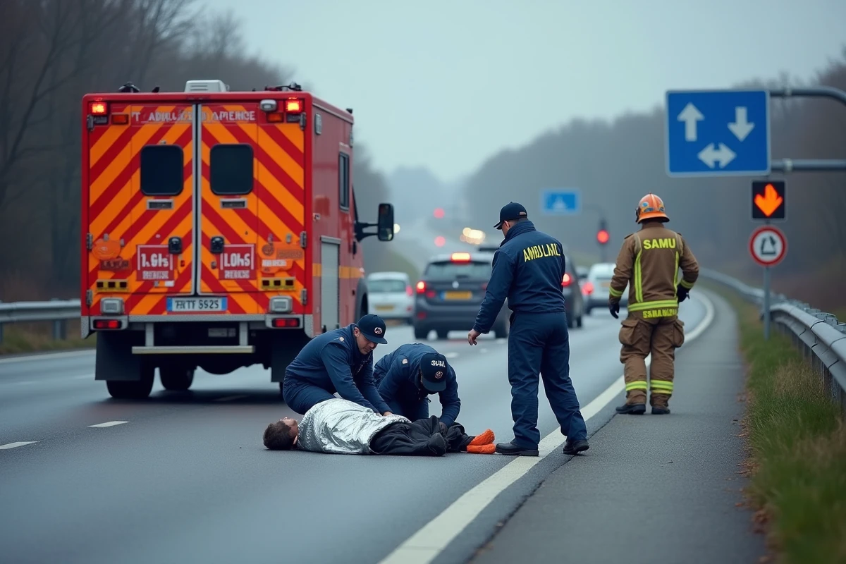 Équipe de secours SAMU et pompiers intervenant sur un accident sur le périphérique de Rennes