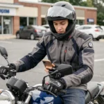 Jeune motard consultant son smartphone pour une simulation d'assurance moto 125 dans un parking urbain