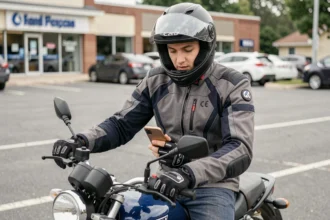Jeune motard consultant son smartphone pour une simulation d'assurance moto 125 dans un parking urbain