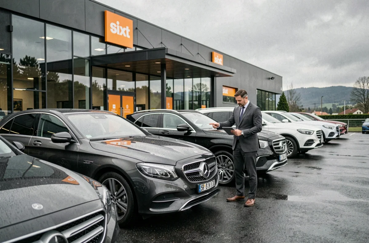 Rangée de véhicules haut de gamme Sixt devant une agence moderne dans le Haut-Rhin avec un client en costume