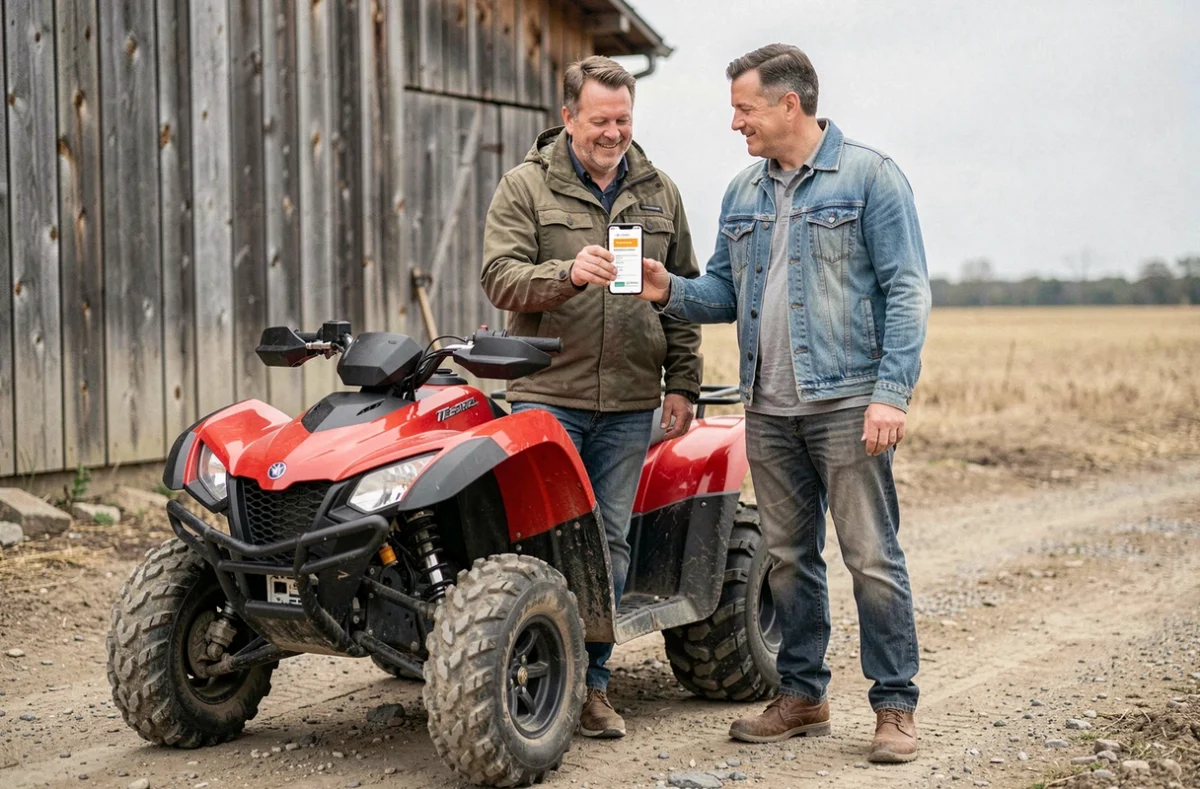 Deux hommes validant la souscription d'une assurance quad en ligne sur smartphone en milieu rural