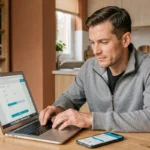 Homme souscrivant une assurance quad en ligne sur son ordinateur portable à la maison