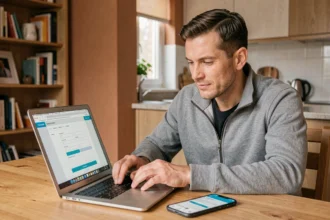 Homme souscrivant une assurance quad en ligne sur son ordinateur portable à la maison