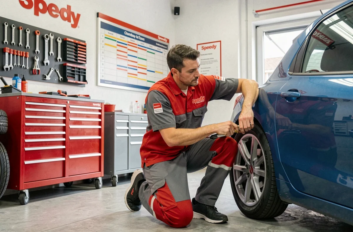 Technicien Speedy en train de changer un pneu sur une voiture bleue dans l'atelier de Chambray-lès-Tours