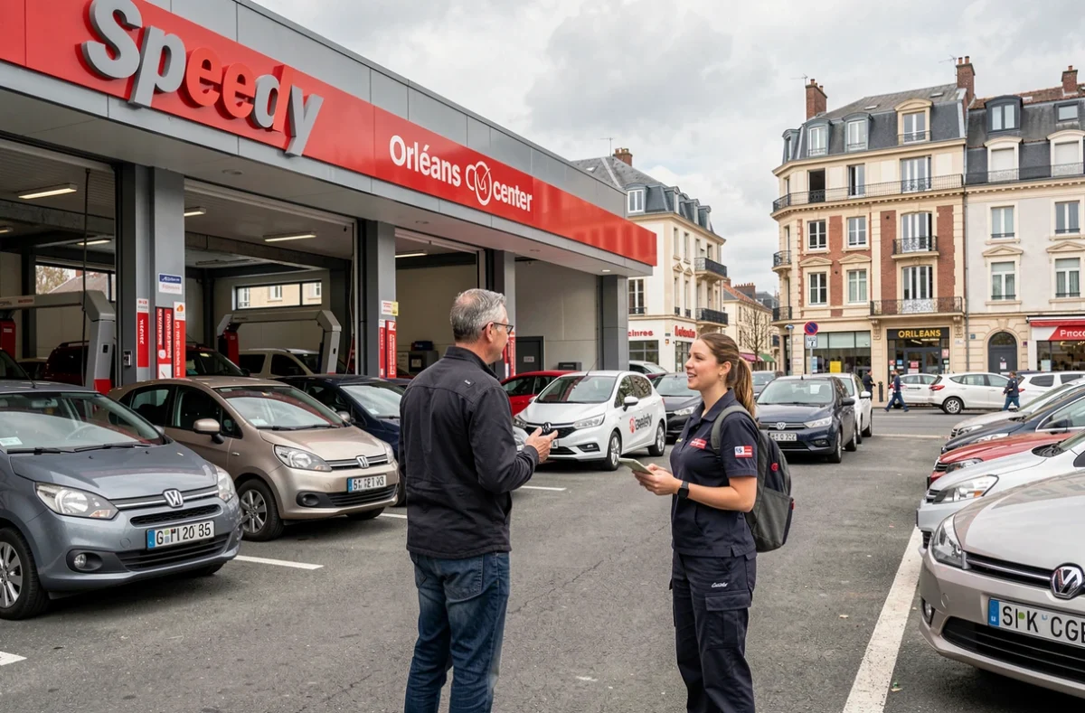 Centre Speedy d'Orléans avec des clients et des véhicules en attente devant les baies de service