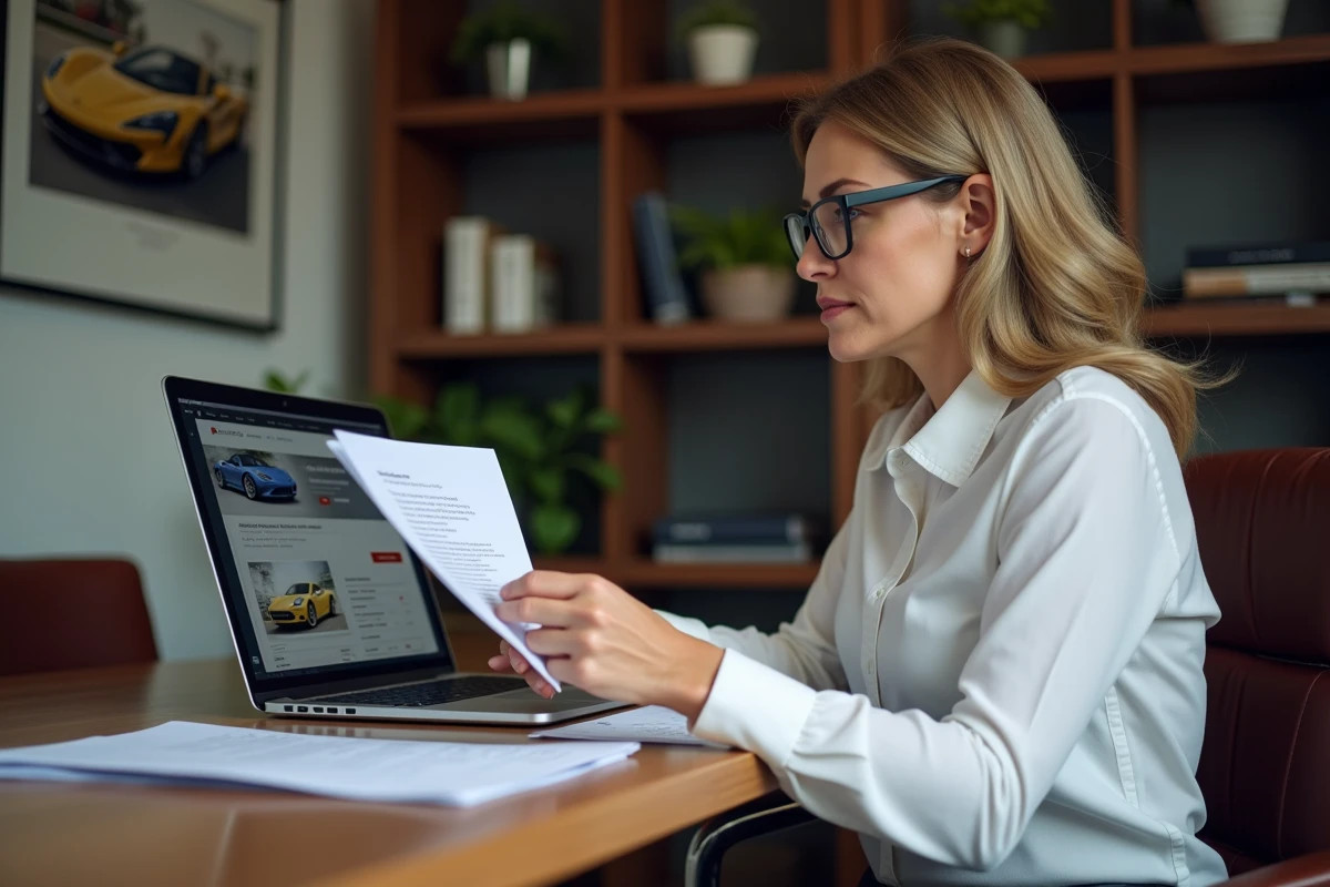 Femme passionnée d'automobile analysant des prix et stratégies d'achat Lamborghini sur un bureau
