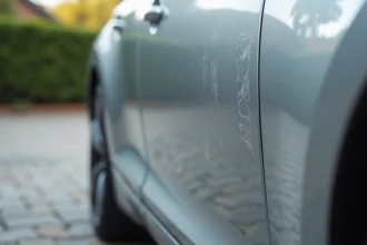 Stylo efface-rayures posé sur une portière de voiture argentée rayée avec un chiffon microfibre