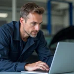 Technicien automobile consultant la documentation Dialogys sur un ordinateur portable dans un atelier