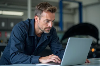 Technicien automobile consultant la documentation Dialogys sur un ordinateur portable dans un atelier