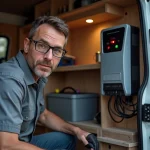 Technicien inspectant un convertisseur 12V 220V sous-dimensionné dans un van aménagé avec voyant d'alerte rouge allumé