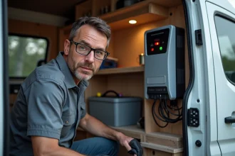 Technicien inspectant un convertisseur 12V 220V sous-dimensionné dans un van aménagé avec voyant d'alerte rouge allumé
