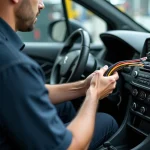 Technicien automobile tenant un faisceau de câbles colorés pour autoradio Peugeot compatible Android Auto