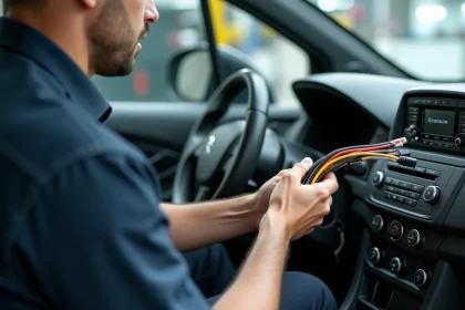 Technicien automobile tenant un faisceau de câbles colorés pour autoradio Peugeot compatible Android Auto