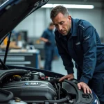 Technicien automobile inspectant le moteur BMW B47 diesel dans un atelier professionnel