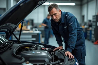 Technicien automobile inspectant le moteur BMW B47 diesel dans un atelier professionnel