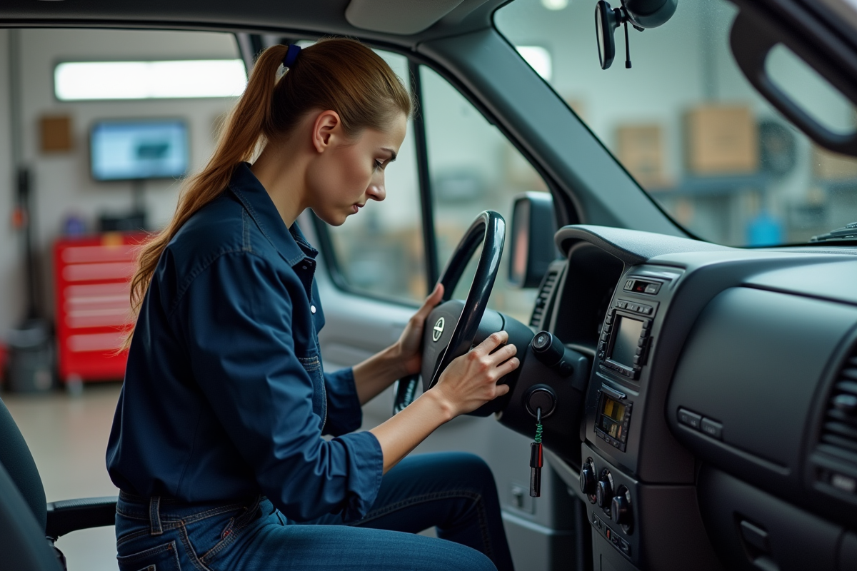 Technicienne installant un ethylotest dans un van