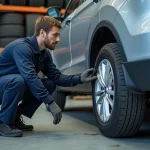 Technicien automobile examinant un pneu toutes saisons avec les marquages de taille bien visibles en atelier