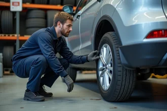 Technicien automobile examinant un pneu toutes saisons avec les marquages de taille bien visibles en atelier