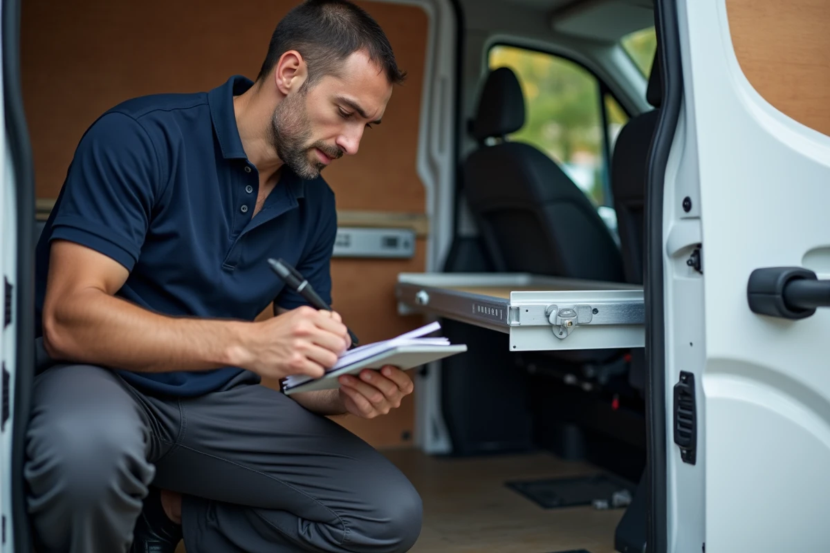 Technicien inspectant un système de rangement léger à l'intérieur d'un Renault Master lors d'un aménagement utilitaire