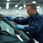 Technicien en uniforme alignant un pare-brise de voiture
