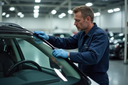 Technicien en uniforme alignant un pare-brise de voiture