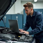 Technicien en reprogrammation moteur connectant un ordinateur de diagnostic à une voiture dans un atelier Shiftech à Lille