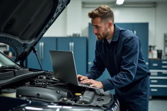 Technicien en reprogrammation moteur connectant un ordinateur de diagnostic à une voiture dans un atelier Shiftech à Lille