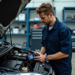 Technicien automobile utilisant un scanner OBD2 pour lire le code d'authentification d'une Clio 4 dans un garage professionnel