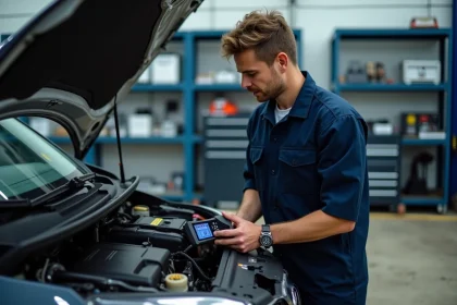 Technicien automobile utilisant un scanner OBD2 pour lire le code d'authentification d'une Clio 4 dans un garage professionnel