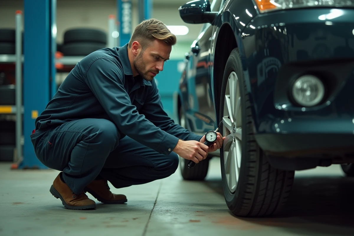 Technicien automobile inspectant un pneu avec indice de vitesse dans un atelier de réparation