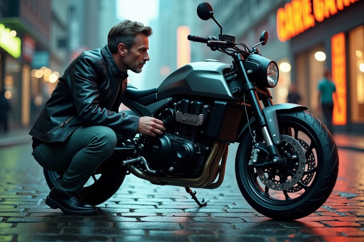 Testeur moto expert inspectant une moto électrique innovante dans une rue urbaine moderne en 2026