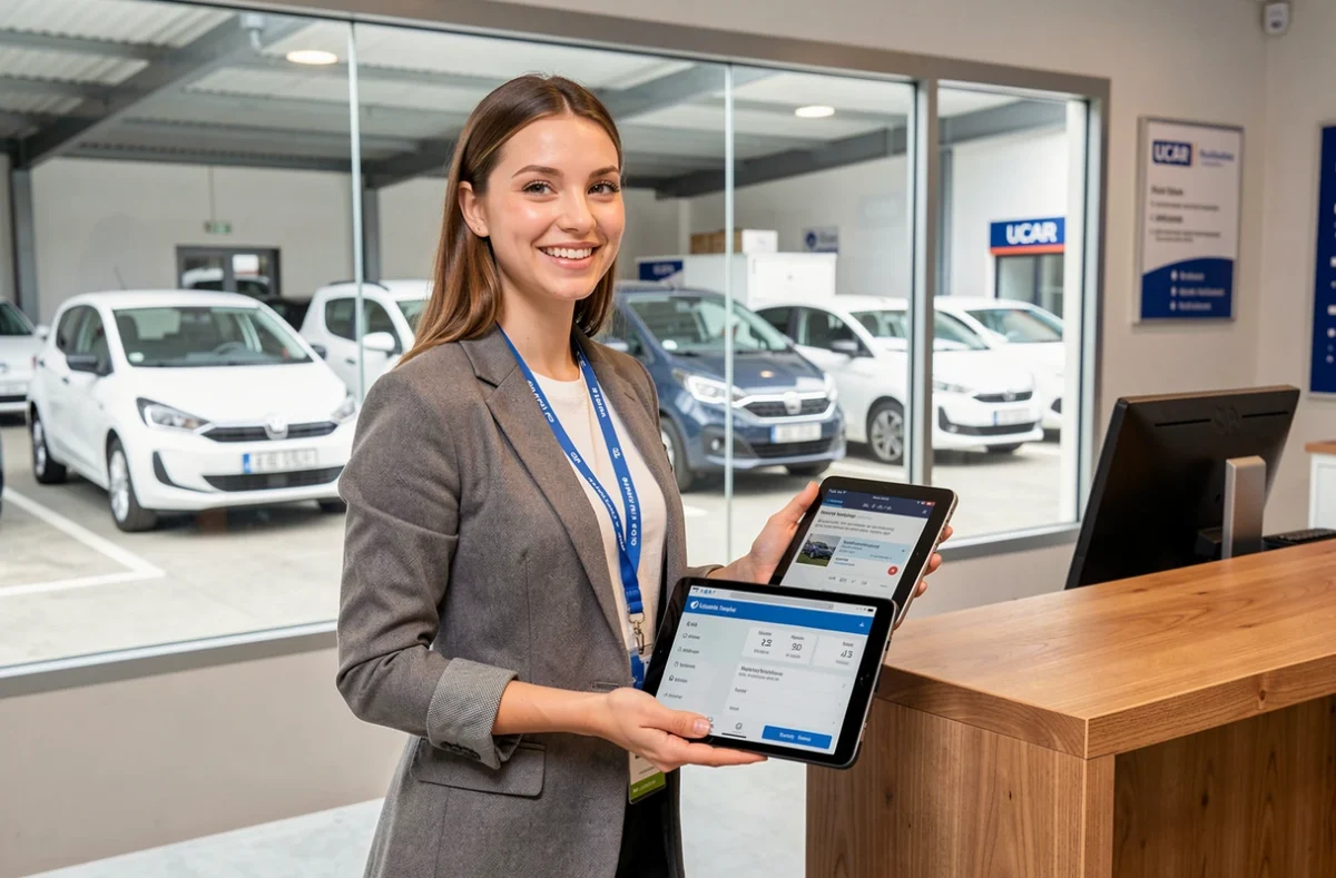 Agente UCAR Mulhouse présentant une offre de location sur tablette dans une agence avec flotte de véhicules visible