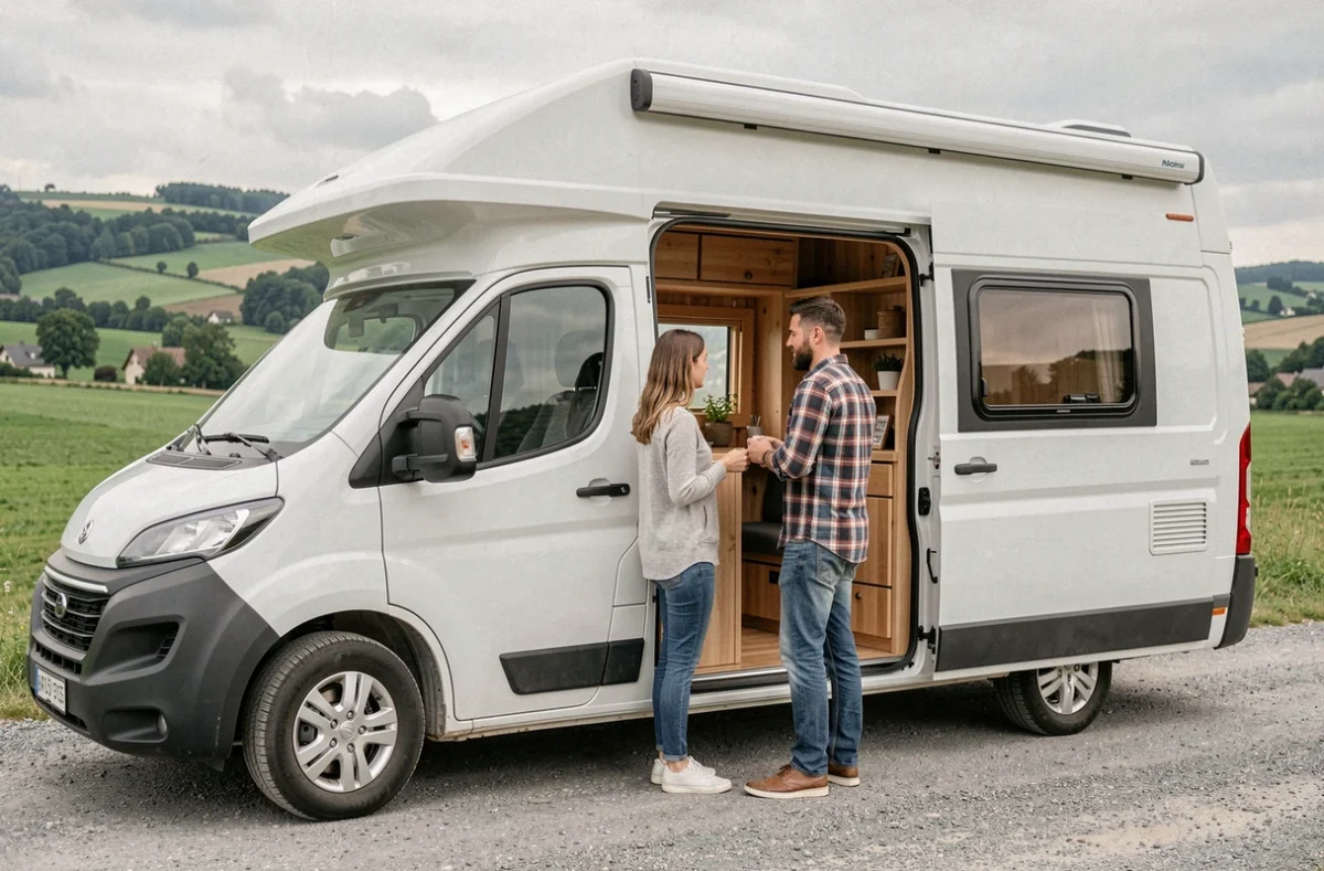 Propriétaire de Van-It montrant l'intérieur aménagé d'un van de location à un couple à Staffelfelden