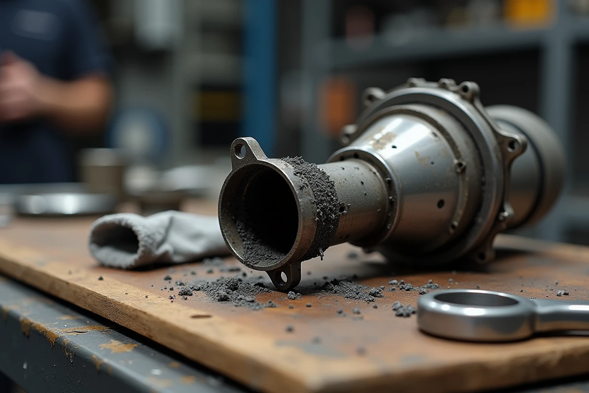 Vanne EGR encrassée retirée d'un moteur TDI 105, montrant des dépôts de carbone importants