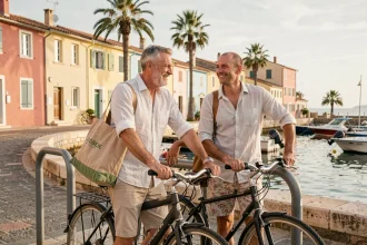 Couple garant leurs vélos près du port de Carry-le-Rouet pour éviter les problèmes de stationnement en été