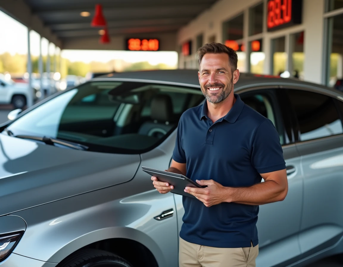 Vendeur de voitures présente une Chevrolet Impala moderne argentée dans un concessionnaire automobile