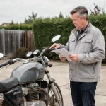 Vendeur présentant une moto d'occasion à un acheteur potentiel avec des documents de vente en main dans une allée résidentielle