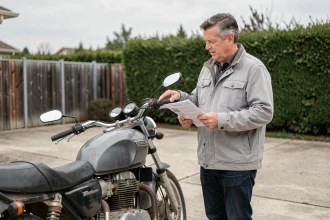 Vendeur présentant une moto d'occasion à un acheteur potentiel avec des documents de vente en main dans une allée résidentielle