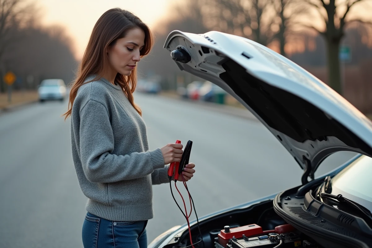 Femme examinant les bornes de la batterie de sa voiture avec des pinces de démarrage dans un parking