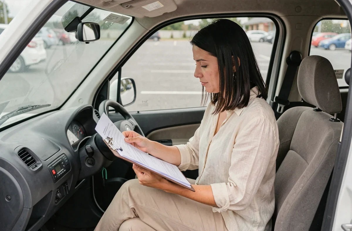 Une femme vérifie les documents d'une voiture sans permis d'occasion à l'intérieur du véhicule lors d'une transaction à Montauban