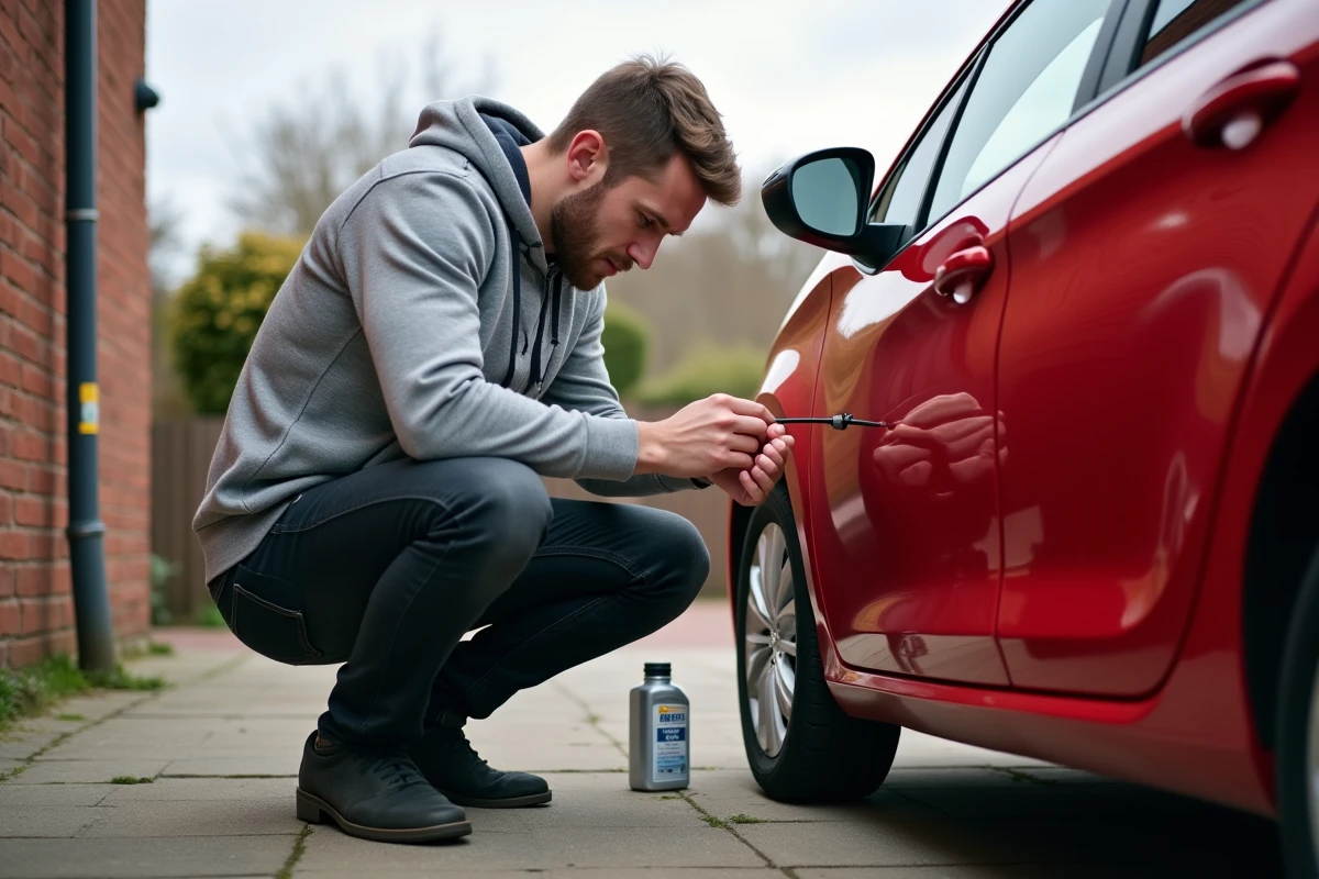 Propriétaire vérifiant le niveau d'huile de sa Peugeot 208 essence dans une allée résidentielle