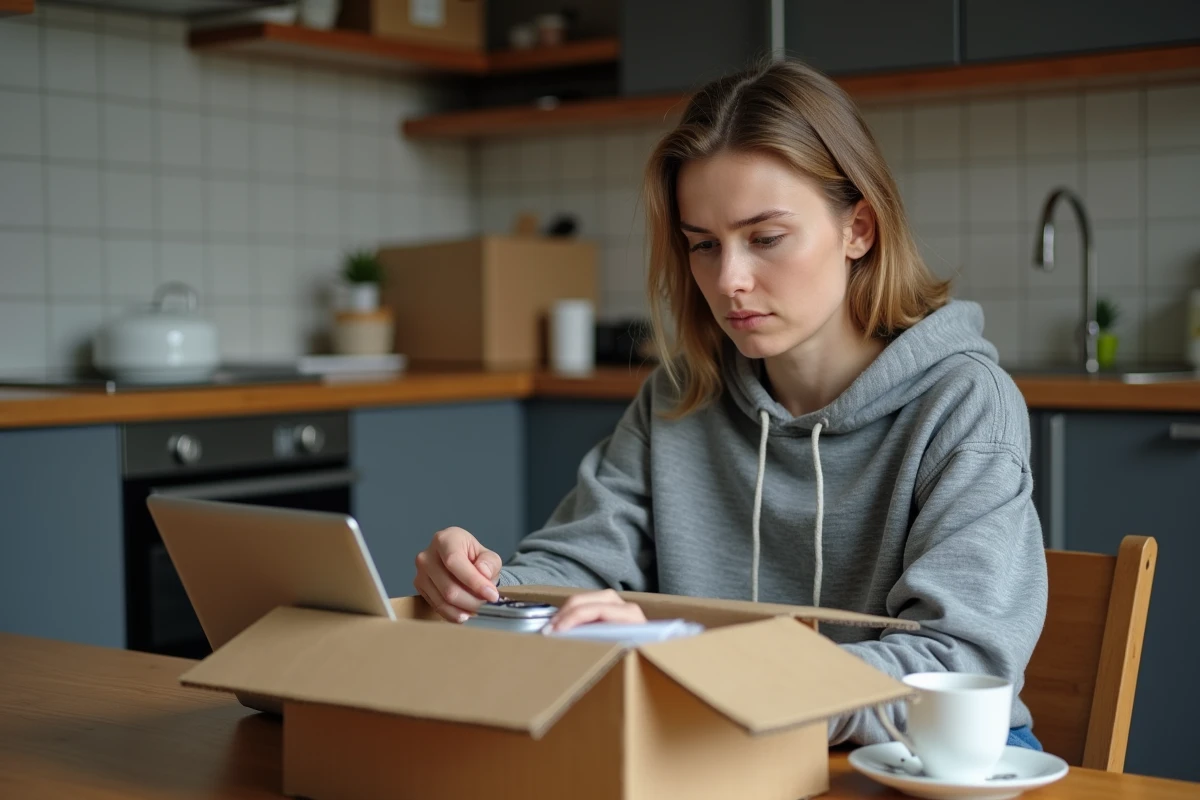 Femme vérifiant une pièce moto mal livrée par un casse en comparant avec sa commande en ligne