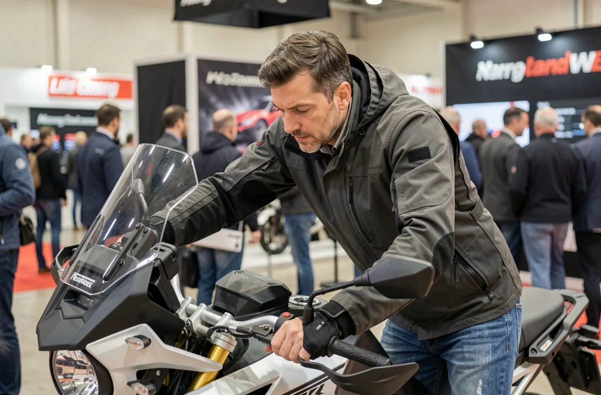 Visiteur passionné examinant de près une moto aventure exposée au salon du 2 roues de Lyon 2026