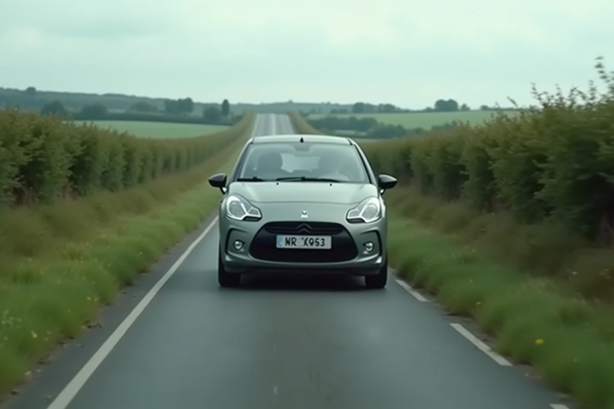 Voiture compacte en mouvement sur une route de campagne française, représentant une motorisation de 110 chevaux en conduite réelle
