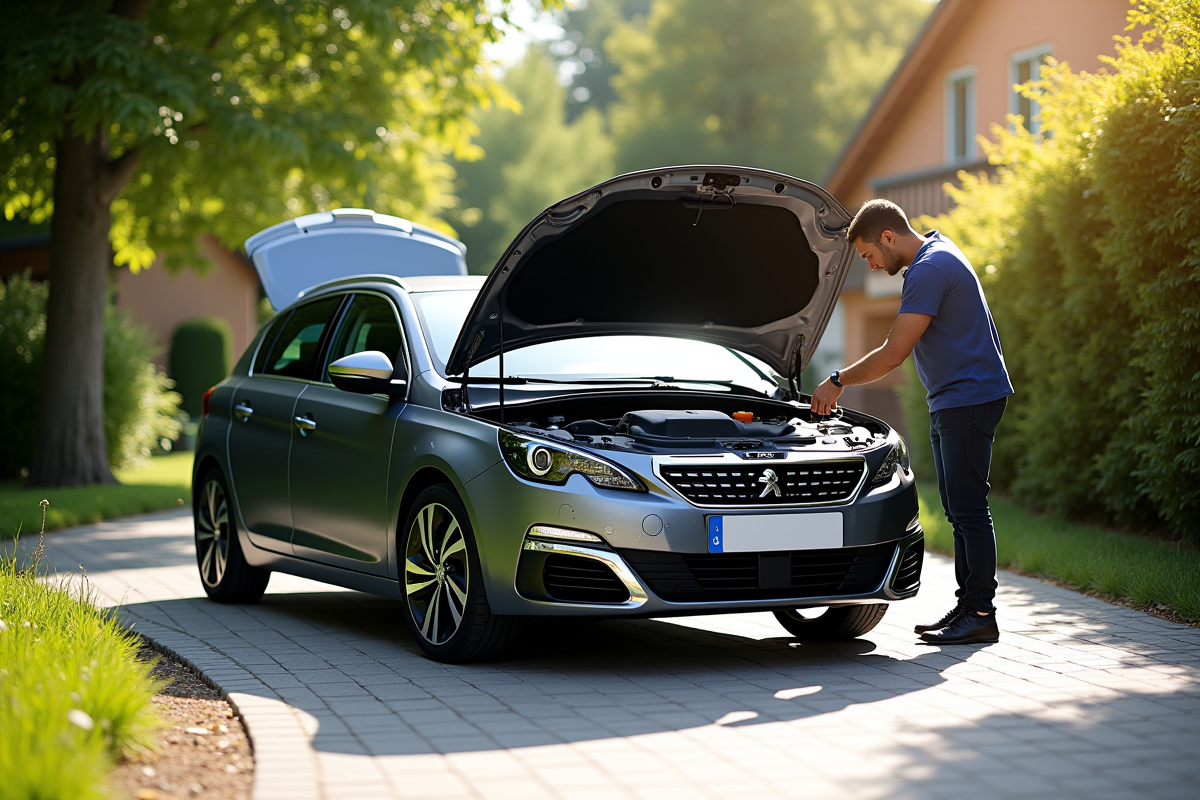 Voiture Peugeot 308 GT Line en stationnement dans une allée ensoleillée