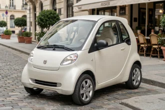 Voiture sans permis 4 places neuve garée en ville, modèle compact blanc nacré vue de trois quarts