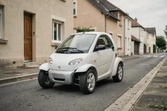 Voiture sans permis 4 places blanche garée dans une rue résidentielle française, vue de trois quarts avant
