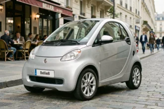 Voiture sans permis Bellier B8 garée dans une rue urbaine française, vue de trois quarts avant