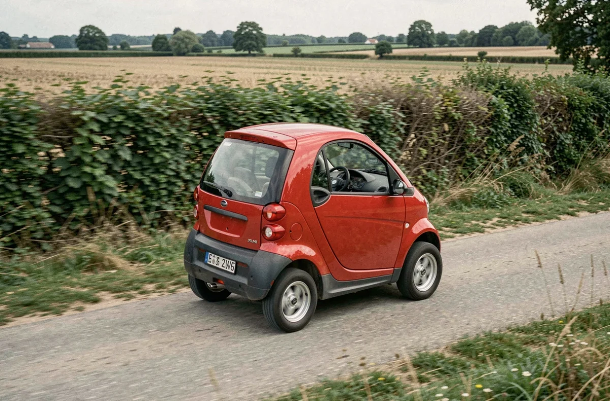 Voiture sans permis manuelle rouge roulant sur une route de campagne française bordée de haies vertes